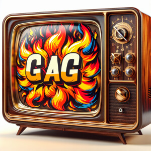 Tube TV with the word “GAG” on the screen on fire cartoon logo