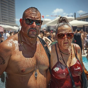 Photorealism,a muscular beefy criminal man walking with his swea...