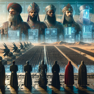 Generate a picture of 5 Muslim army generals with their backs sh...