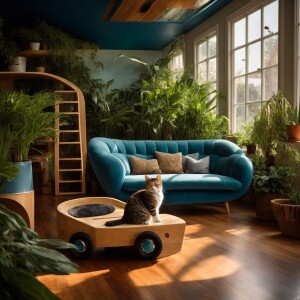 Design a warm and inviting living room featuring wooden floors a...