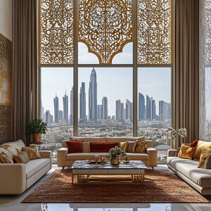 Design a modern Kuwaiti apartment living room, incorporating tra...