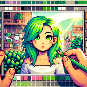 create a retro pixel stardew valley style, girl with green hair