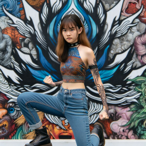 teenage girl, long brown hair and bangs, wearing tight skinny jeans and a halter top paint marks on her clothing, heroic pose Asian graffiti background, nearing on one knee