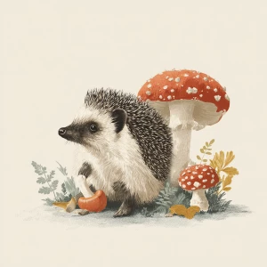 Small hedgehog sitting beside mushroom, vintage illustration sty...