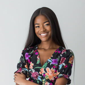 A cute woman

Smiling 

Clothes: Floral Dress

Looks Clean & Mod...