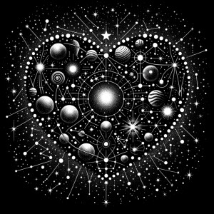 Black background, covered in tiny stars and tiny celestial shape...
