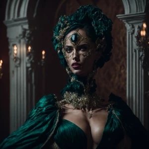 "In the opulent ballroom, a masked beauty captures every gaze, h...