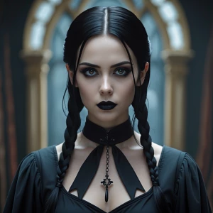 Create an image of Jenna Ortega portraying the character Wednesd...