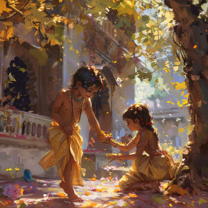 Illustrate a photo like image of young Krishna and Radha playing...