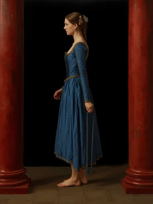 A noblewoman, facing slightly to the right side, wearing a tight...