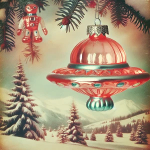A photo of a 1950s kitsch blown glass Christmas ornament of a co...