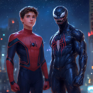 Two boys standing next to each other under a starry New York nig...