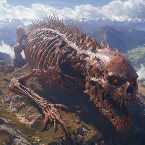 A colossal undead dragon soars menacingly over the rugged peaks...