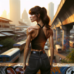 Athletic Thin skinny Attractive, Asian teenage girl, long brown hair and bangs, wearing tight skinny jeans and a halter top paint marks on her clothing, heroic pose Asian graffiti background, backside view