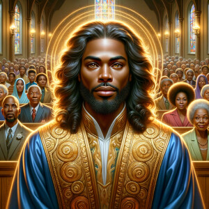Illustrate an inspiring African-American Jesus crust with a dign...
