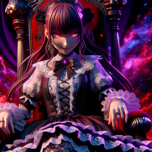 A woman named lilith wearing elegant gothic lolita dress  sitting on the thrones, red purple aura, smirk evil, 3D, humanlike