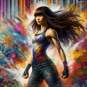 Very thin Athletic Thin skinny Attractive, Asian teenage girl, long brown hair and bangs, wearing tight skinny jeans and a halter top paint marks on her clothing, heroic sideways pose Asian graffiti background