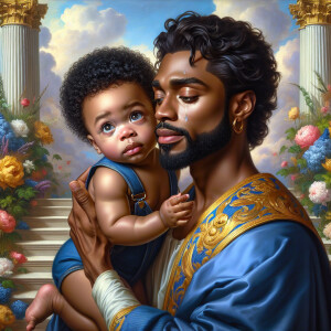 Classical oil painting style depicting an African-American Jesus...