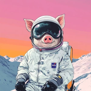 Cute cartoon pig in vintage white spacesuit and NASA style helme...