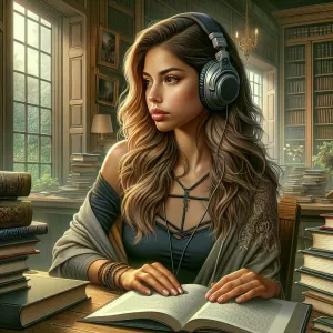 The image depicts an illustration of a young woman with long, li...