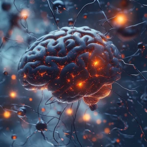 Illustrate a human brain with neurons illuminated and actively f...