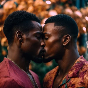 Two muscular African American men sharing a loving kiss.