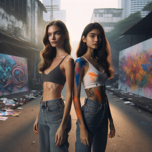 Athletic Thin skinny Attractive, Asian teenage girl, long brown hair and bangs, wearing tight skinny jeans and a halter top paint marks on her clothing, heroic pose Asian graffiti background,  backside view