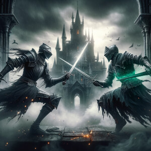 Black knight sword fighting a green knight in front of a undead...