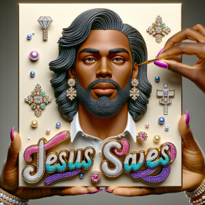 A 3D realistic artwork featuring the phrase 'Jesus Saves' adorne...