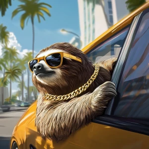 Sloths slerf meme..leaning out the window of sports car, gold ch...