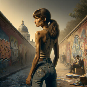 Athletic Thin skinny Attractive, Asian teenage girl, long brown hair and bangs, wearing tight skinny jeans and a halter top paint marks on her clothing, heroic pose Asian graffiti background, backside view