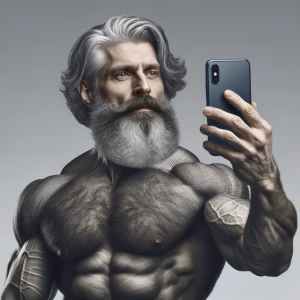 The image shows a middle-aged man with a muscular, hairy physiqu...