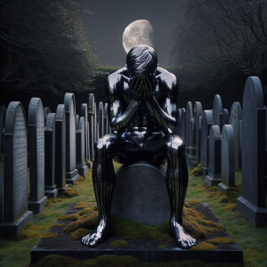 a man made entirely of  black and silver marble, sitting hands o...