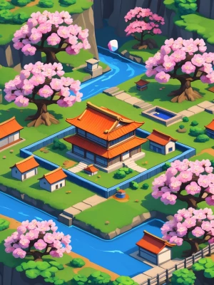 A Japanese-style game board in Rush Royale with sakura trees and...
