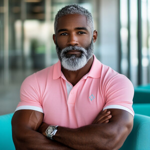 The image shows man white a bearded black, gray haired muscular...