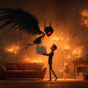 "A regular-sized man gently lifting a small female demon with el...