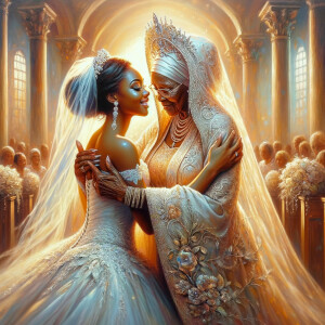 Imagine a hyper-realistic oil painting that captures a tender moment between theAfrican American bride and her God. The setting is intimate and filled with soft, warm lighting that enhances the emotional depth of the scene. The bride, in herexquisite wedding gown, shares a heartfelt embrace with her african-American Lord Jesus , who is dressedin an elegant outfit that complements the wedding's color scheme. Their expressions are full of love, pride, and joy, reflecting the special bond between them. Theattention to detail is paramount, from the intricate designs of their dresses to the subtle emotions conveyed in their facial expressions. The background is a blur ofgentle pastel hues, ensuring that the focus remains on this touching moment. Thispainting should convey the warmth, love, and depth of the relationship, with the rich textures and vibrant strokes characteristic of oil paintings, capturing the essence of this significant pre-wedding moment.