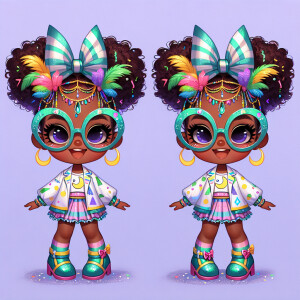 A chibi-style image of an African American 3-year-old girl, stan...