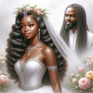 Create a 3-D realistic oil, painting of a beautiful African-American bride. She has long flooring, wavy hair and her gown has beautiful jewels around the neckline. in the background there is a beautiful African-American Jesus Christ with long dreadlocks, and he is smiling. He is very handsome pastel flowers throughout the image.