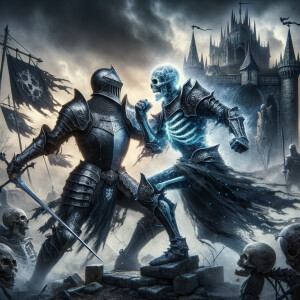 Black knight fighting a blue and black knight in front of a undead castle