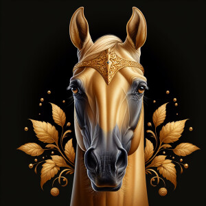 A head-on portrait of an Akhal-Teke horse's face rendered in the...