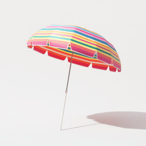 Create an illustration of a brightly colored, striped beach umbr...