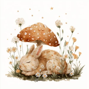Sleeping fluffy rabbit under spotted mushroom, small wildflowers...