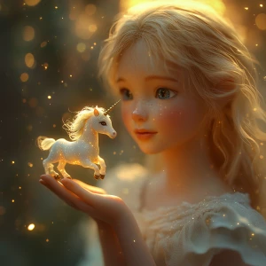 A tiny glowing unicorn, no taller than a teacup, gently trots an...