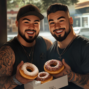 multiple boys, 2boys, male focus, tattoo, beard, food, facial ha...