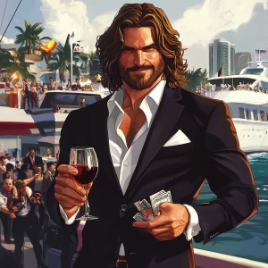 A man with long, wavy brown hair and a beard, dressed in a black...