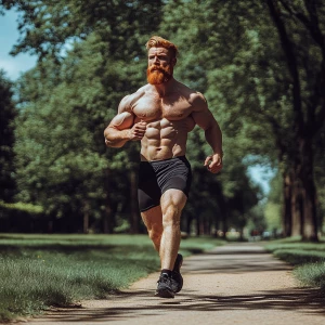 Muscle bodybuilder ginger hair beard hairy chest jogging shorts...
