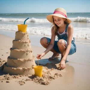A 12-year-old girl happily constructs a sandcastle by the water'...