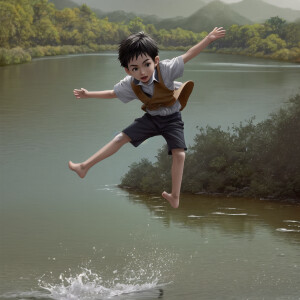 A little boy jumping across the river, photorealistic, cinematic