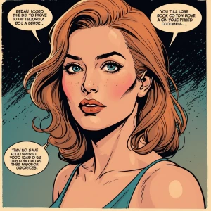 Generate a comic book panel with speech bubbles, halftone shadin...